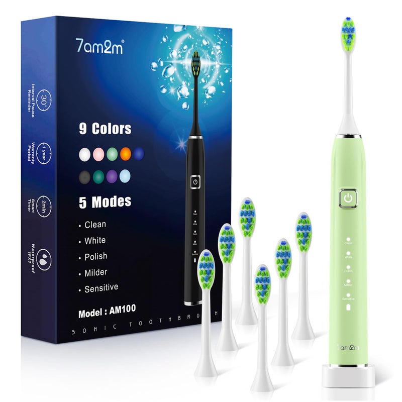 7AM2M Sonic Electric Toothbrush with 6 Brush Heads for AdultsKids One Charge for 120 Days Wireless Fast Charge 5 Modes 40000VPM Powered Toothbrush 2 Minutes Built in Smart Timer Light Green