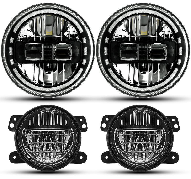 AUDEXEN 7 Inch Black LED Headlights with DRL High Low Beam 4 Inch Black Smiley Design LED Fog Lights Compatible with Jeep Wrangler JK JKU TJ LJ 19972018