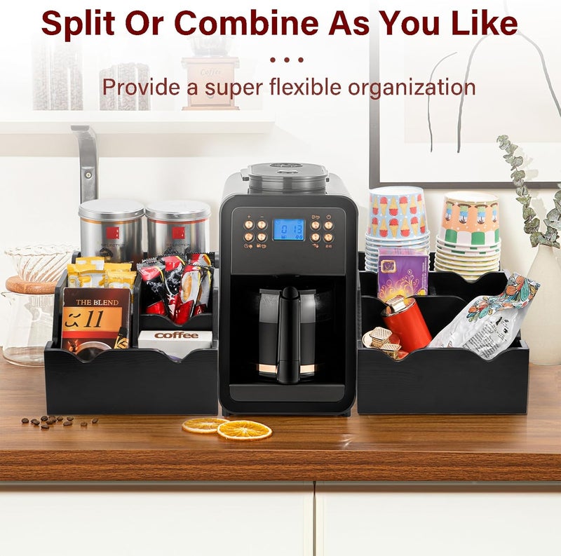 WRINGKIT Set of 2 Black Coffee Station Organizer for Countertop, Wood Cup Condiment Station with 9 Compartment, Coffee Bar Organizer Caddy Holder for Pods Syrup Stirrers Teabags Storage, Two-in-One - Image 5