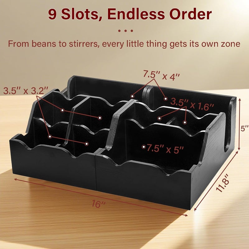 WRINGKIT Set of 2 Black Coffee Station Organizer for Countertop, Wood Cup Condiment Station with 9 Compartment, Coffee Bar Organizer Caddy Holder for Pods Syrup Stirrers Teabags Storage, Two-in-One - Image 2