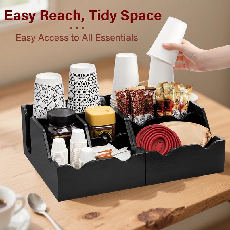 WRINGKIT Set of 2 Black Coffee Station Organizer for Countertop, Wood Cup Condiment Station with 9 Compartment, Coffee Bar Organizer Caddy Holder for Pods Syrup Stirrers Teabags Storage, Two-in-One - Image 4