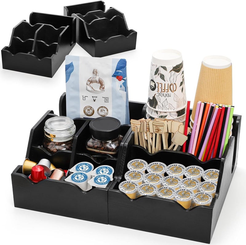 WRINGKIT Set of 2 Black Coffee Station Organizer for Countertop, Wood Cup Condiment Station with 9 Compartment, Coffee Bar Organizer Caddy Holder for Pods Syrup Stirrers Teabags Storage, Two-in-One - Image 1