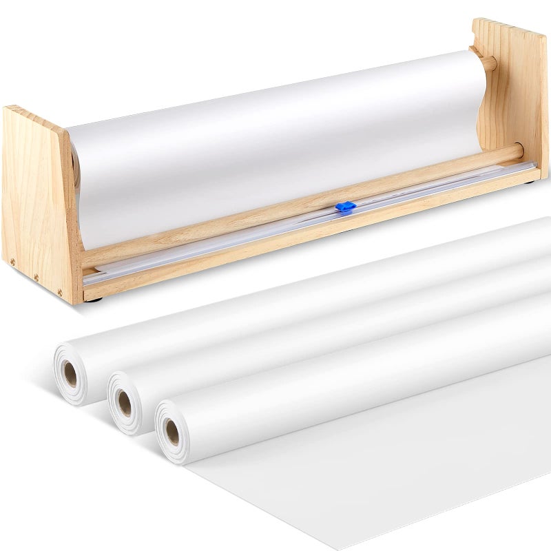 18 Inch Wooden Paper Roll Dispenser Tabletop Dispenser Holder and Paper Cutter Butcher with 3 Pack 18 Inch Easel Roll for Drawing Art Craft