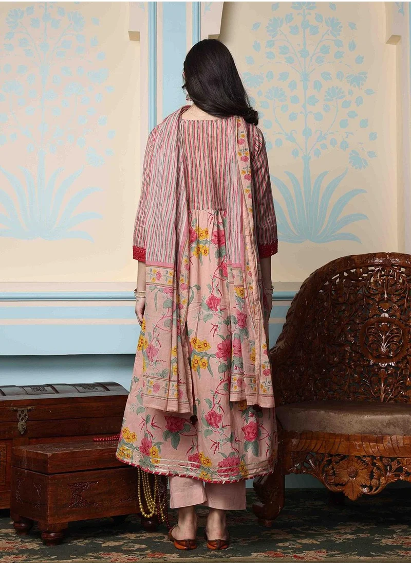 ISHIN Women's Peach 100% Cotton Self Design Full Length Palazzo Kurta Set