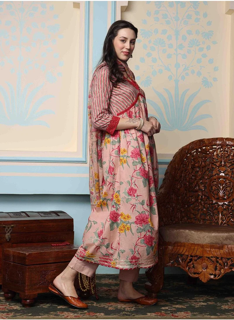 ISHIN Women's Peach 100% Cotton Self Design Full Length Palazzo Kurta Set