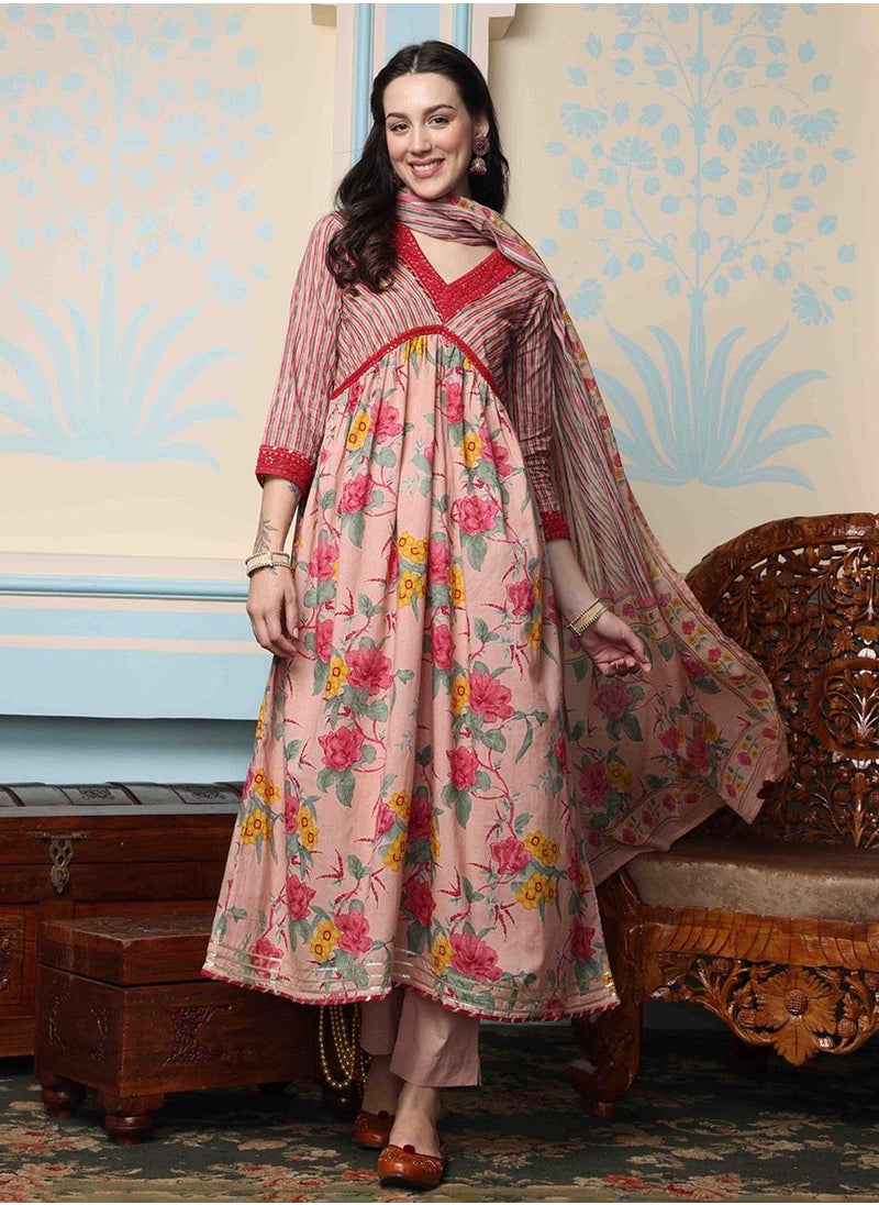 ISHIN Women's Peach 100% Cotton Self Design Full Length Palazzo Kurta Set  - Image 5
