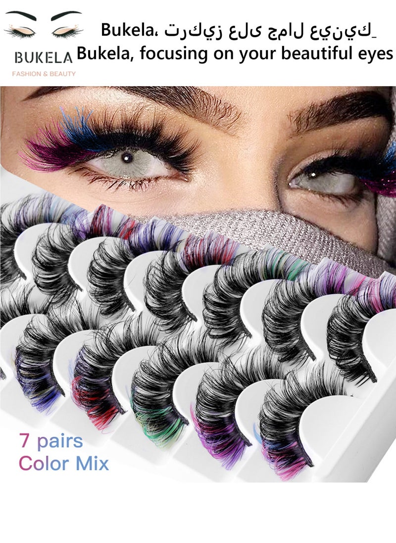 Bukela - Colorful False Lashes & Eyelashes Extensions: 7-Pair Mink Clusters with Fishtail Design - Salon Dramatic D Curl for Cosplay & Daily Makeup - Image 1