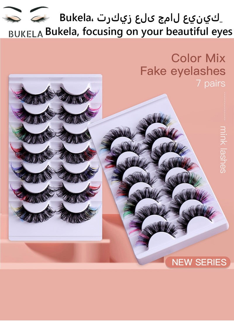Bukela - Colorful False Lashes & Eyelashes Extensions: 7-Pair Mink Clusters with Fishtail Design - Salon Dramatic D Curl for Cosplay & Daily Makeup - Image 1
