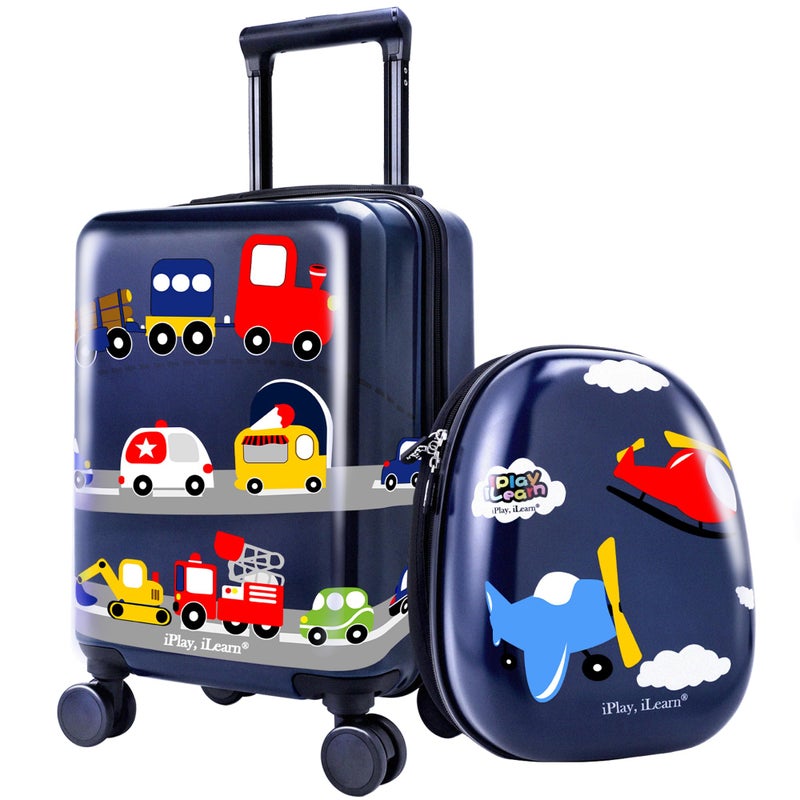 iPlay, iLearn Airplane Kids Luggage, Boys Carry On Suitcase, 18" Hardside Travel Luggage Set W/Backpack, Toddler Rolling Luggage W/ 4 Spinner Wheels, Children Holiday Birthday Gift - Image 1