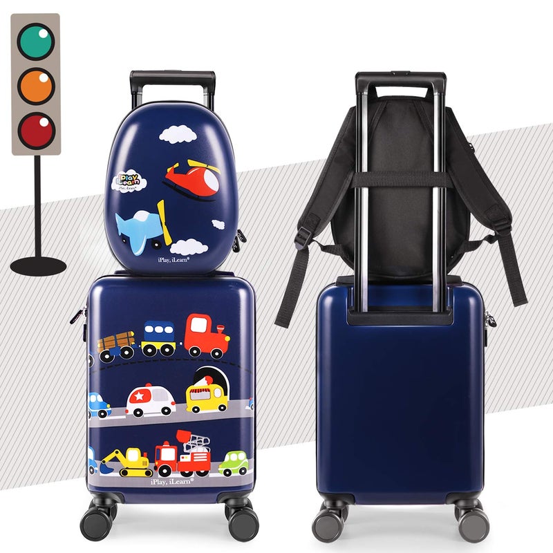 iPlay, iLearn Airplane Kids Luggage, Boys Carry On Suitcase, 18" Hardside Travel Luggage Set W/Backpack, Toddler Rolling Luggage W/ 4 Spinner Wheels, Children Holiday Birthday Gift - Image 2