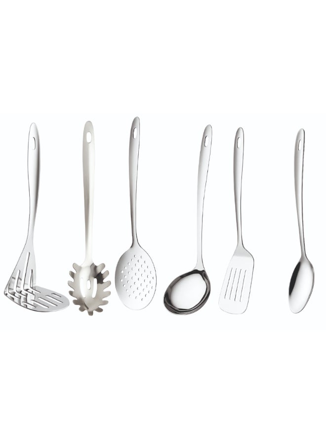 Noon East Stainless Steel Cooking Utensils Set,6 Piece Kitchen Set Utensils Set with Masher, Spaghetti Spoon, Ladle, Serving Spoon, Slotted Spatula - Image 1