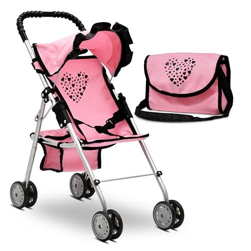 Dolls To Play Baby Doll Stroller for Girls Toddler Play Toy Buggy Carriage Foldable with Canopy Storage Basket Travel Diaper Bag Heart Design - Image 1