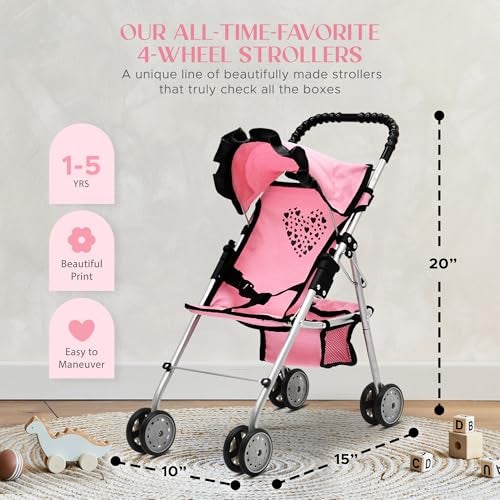 Dolls To Play Baby Doll Stroller for Girls Toddler Play Toy Buggy Carriage Foldable with Canopy Storage Basket Travel Diaper Bag Heart Design - Image 5