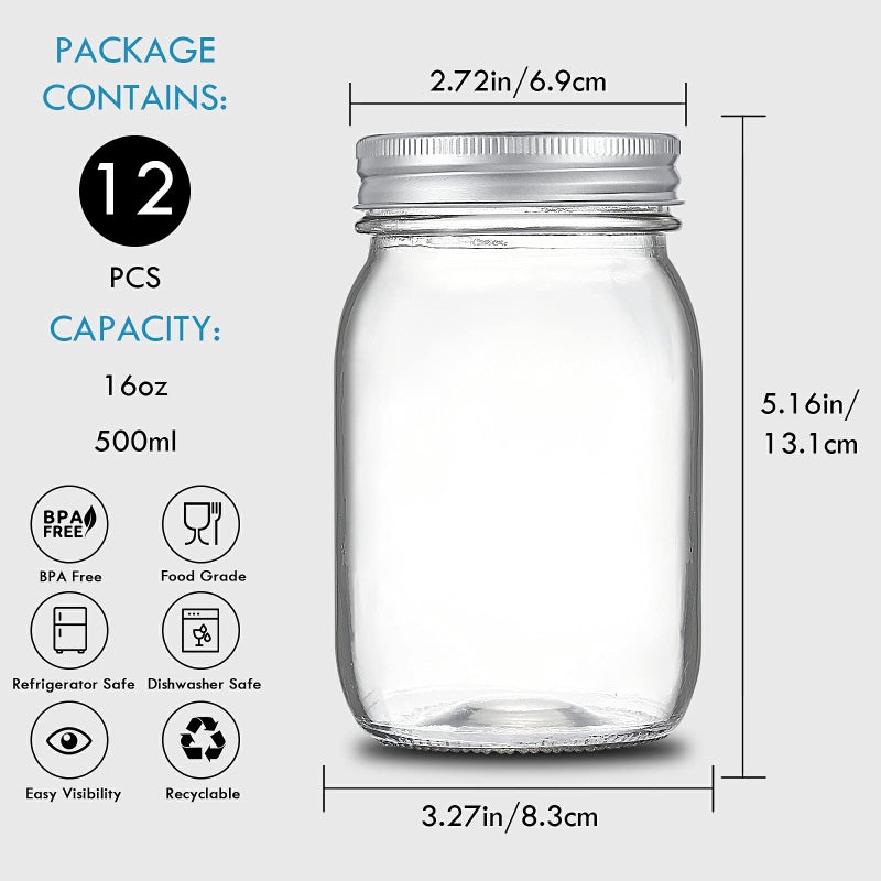 Yeboda 16 Oz Wide Mouth Mason Jars 12 Pack Glass Canning Jars With Airtight Lids And Bands For Preserving Jam Honey Jelly Wedding Favors Sauces Diy Spice Jars Salad Yogurt - Image 3