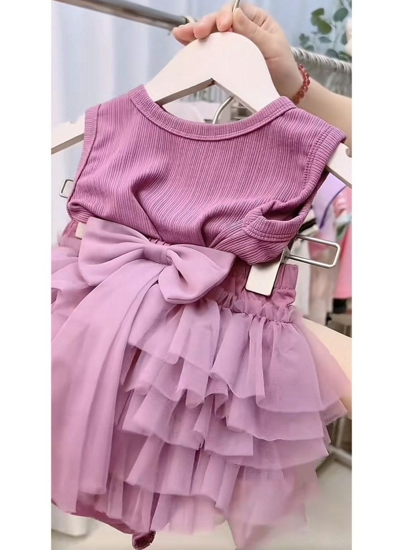 A.M Summer Skirt Sets - Adorable Girl's Two-Piece Outfit: Bow Vest &  Skirt, Lightweight for Daily Use - Image 4