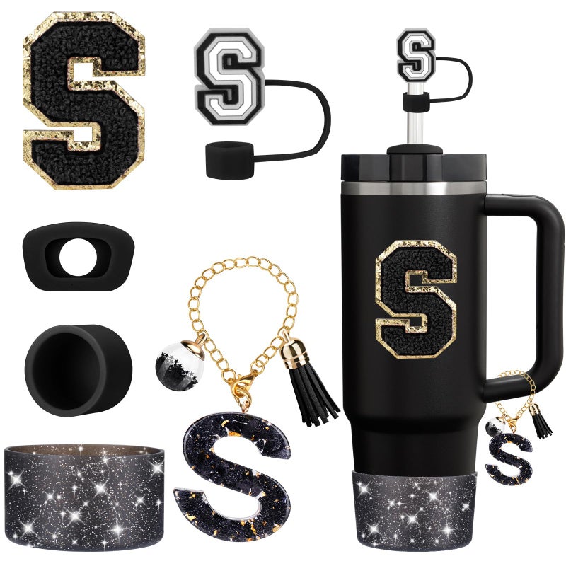 Mity rain 6PCS Cup Accessories Set for Stanley Cup 30oz 40oz tumbler with handle Black Accessories Including Straw Topper Boot Spill Proof Stopper Handle Charm Initials StickerLetter S