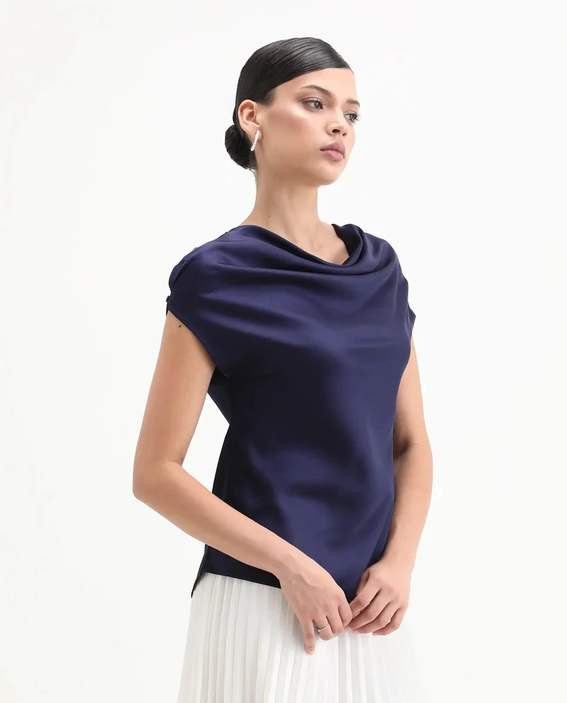 Rareism Women's Satin Cap Sleeve Top With Cowl Neck