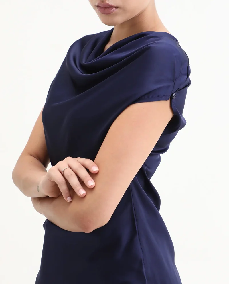 Rareism Women's Satin Cap Sleeve Top With Cowl Neck