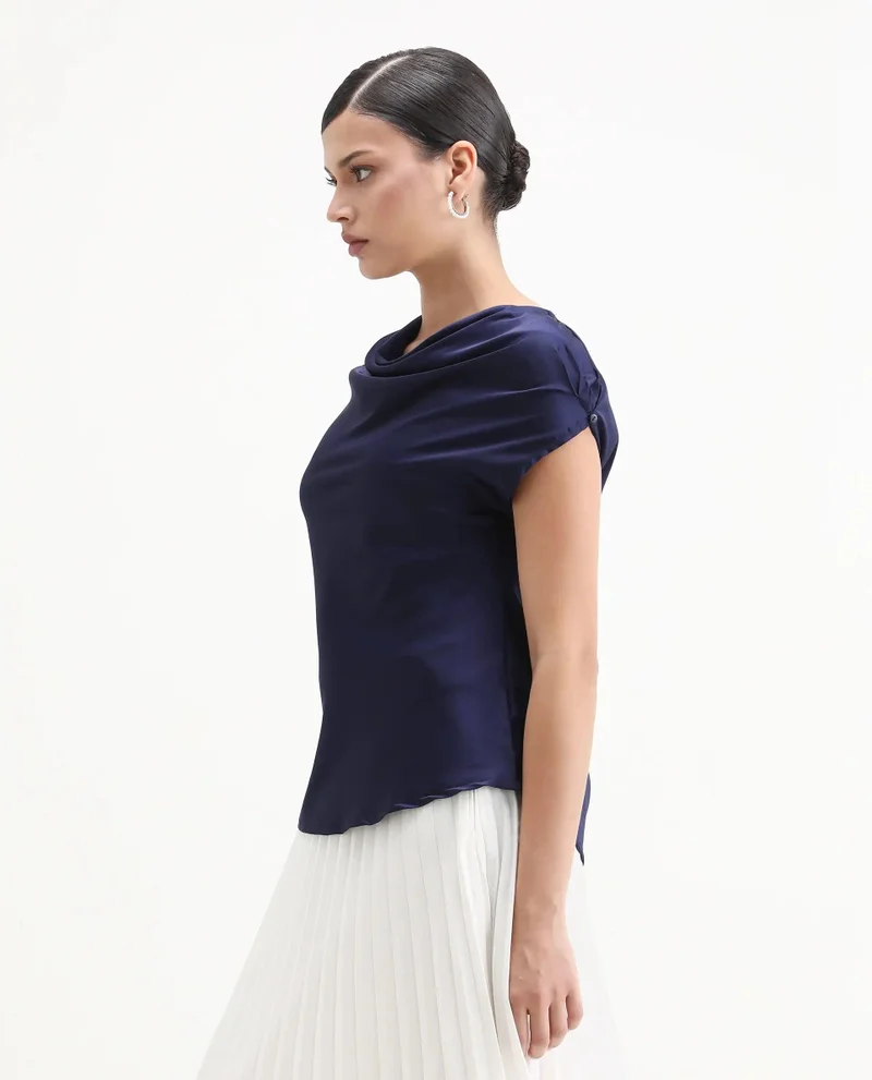 Rareism Women's Satin Cap Sleeve Top With Cowl Neck
