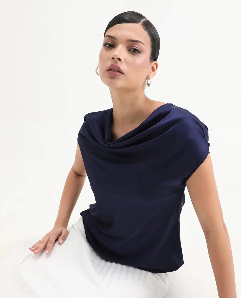 Rareism Women's Satin Cap Sleeve Top With Cowl Neck