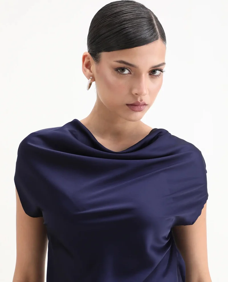 Rareism Women's Satin Cap Sleeve Top With Cowl Neck