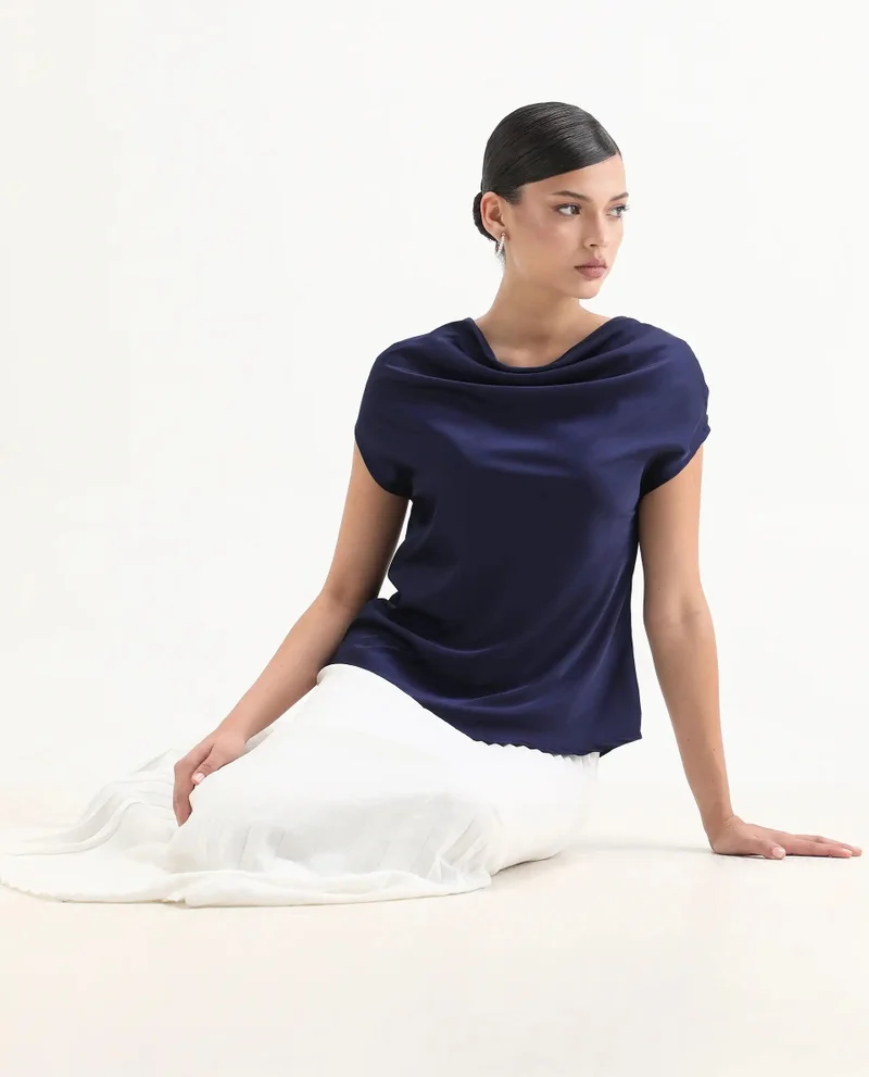 Rareism Women's Satin Cap Sleeve Top With Cowl Neck