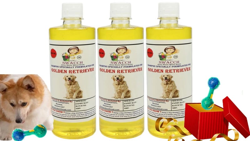 swacch Golden Retriever Dog Shampoo + Dumbbell Toy I Durable Rubber Dog Toy for Chewing I Playing,Teeth Cleaning & Training Toy I Combo Pack I 500ml Pack of 3 Lemon - Image 1