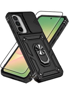 جراب Samsung Galaxy A56 مع واقي شاشة كامل عالي الدقة من الزجاج المقوى، غطاء كاميرا منزلق، حامل حلقي مدمج يدور 360 درجة، جراب واقٍ متين مقاوم للصدمات والسقوط لهاتف Samsung Galaxy A56 مقاس 6.7 بوصة (أسود، عبوة من 1+1)