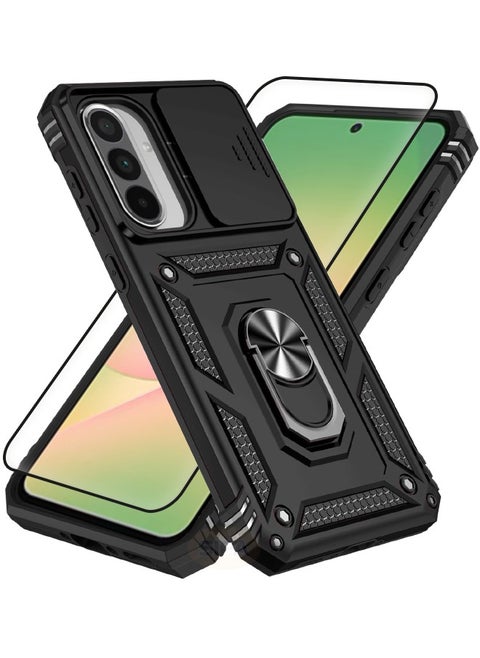 Samsung Galaxy A56 Case with HD Full Screen Tempered Glass Screen Protector, Slide Camera Cover, Built-in 360° Rotate Ring Kickstand, Heavy Duty Shockproof Drop Proof Protective Case for Samsung Galaxy A56 6.7 inch (Black, 1+1 Pack)