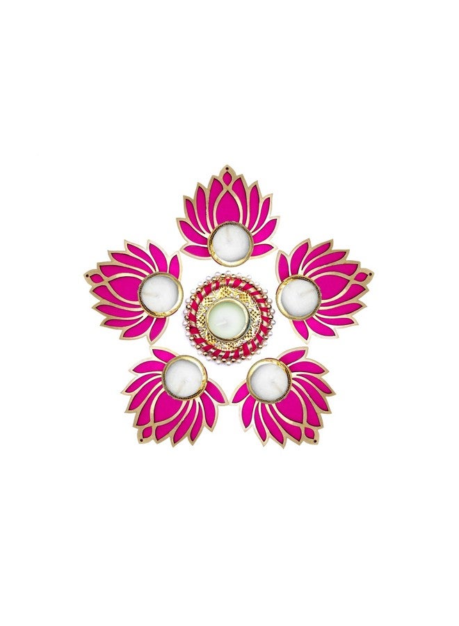 ProKart Premium Pink Lotus Wooden Chudi Diya Rangoli with Moti Beads Centre Diya | Decoration for Diwali, Dashera, Rangoli, Pooja, Decorations, Festival, Wedding Decorations (Pink, Pack of 6) - Image 1