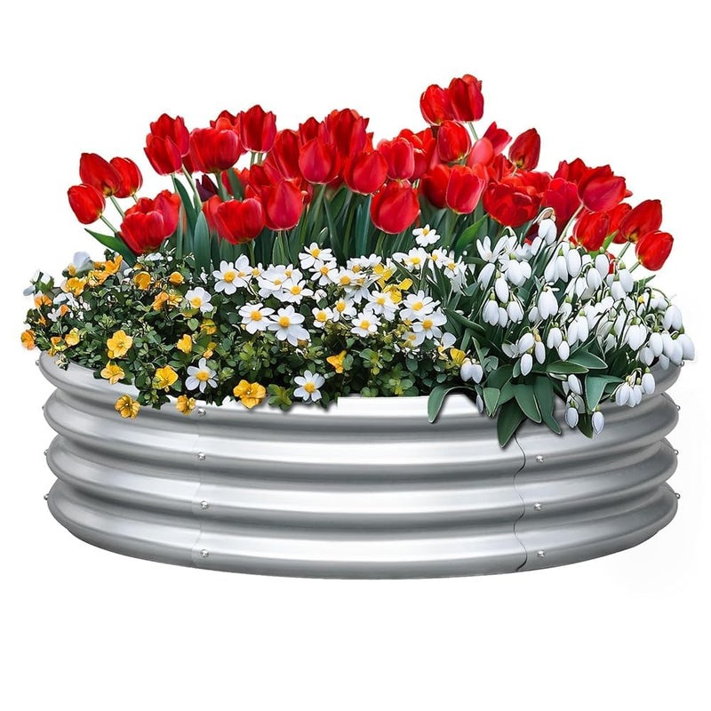 KING BIRD Raised Garden Bed Galvanized Round Planter Box Outdoor for Gardening, Plants, Vegetables, Flowers, Silver, 47.3x47.3x11.8 in