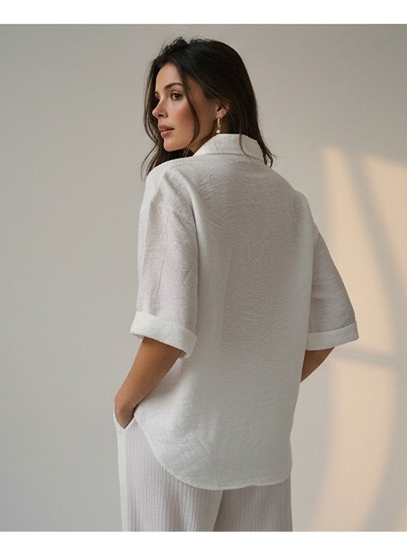 RAVIN Women Luxe Textured Short-Sleeve Button-Down Shirt in Alabaster White - Image 4