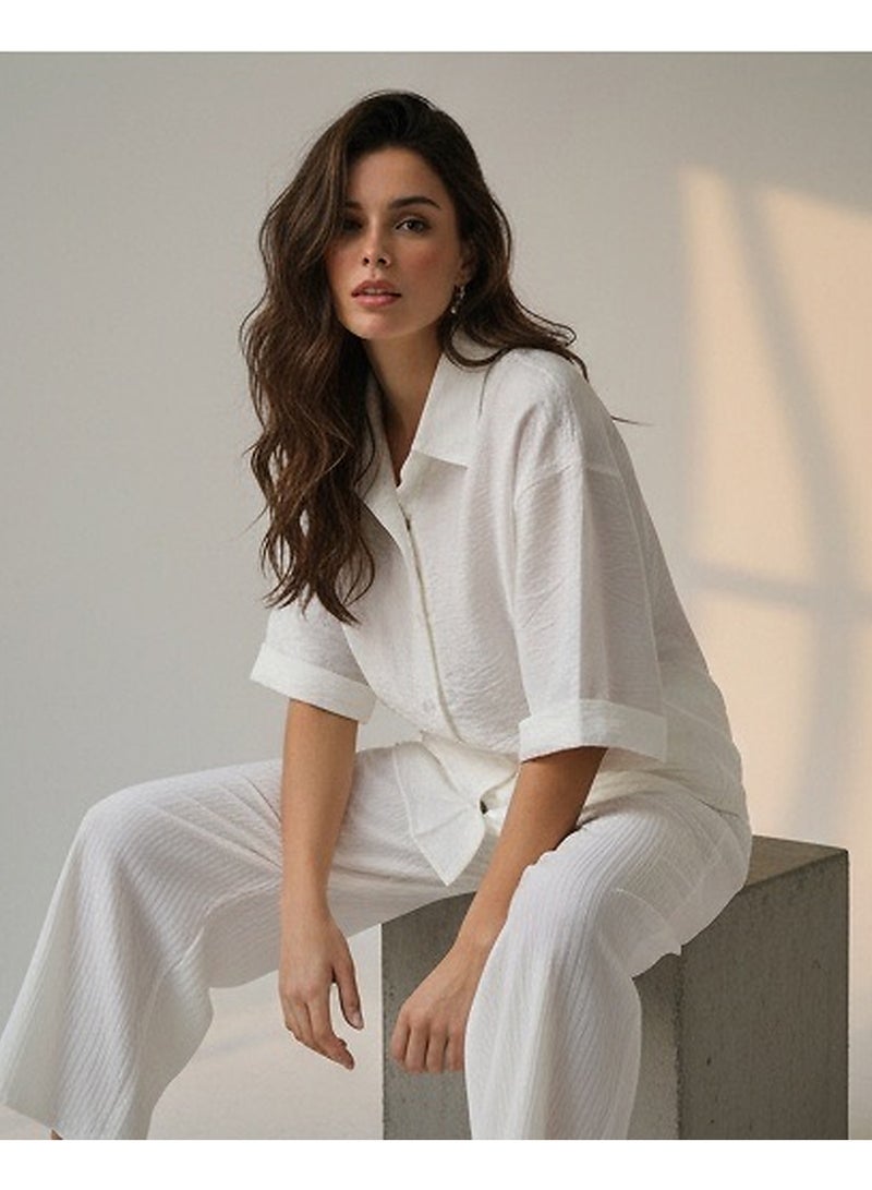 RAVIN Women Luxe Textured Short-Sleeve Button-Down Shirt in Alabaster White - Image 3