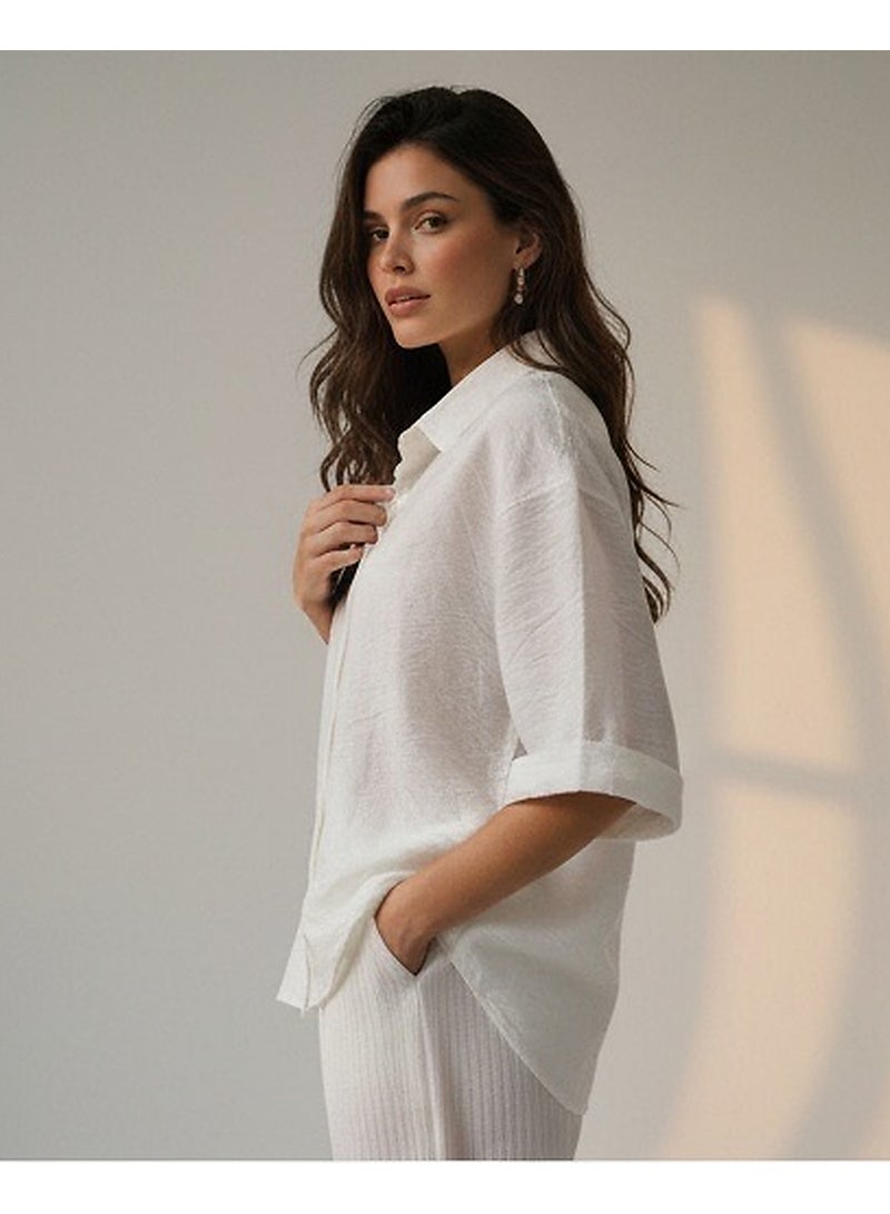 RAVIN Women Luxe Textured Short-Sleeve Button-Down Shirt in Alabaster White - Image 2
