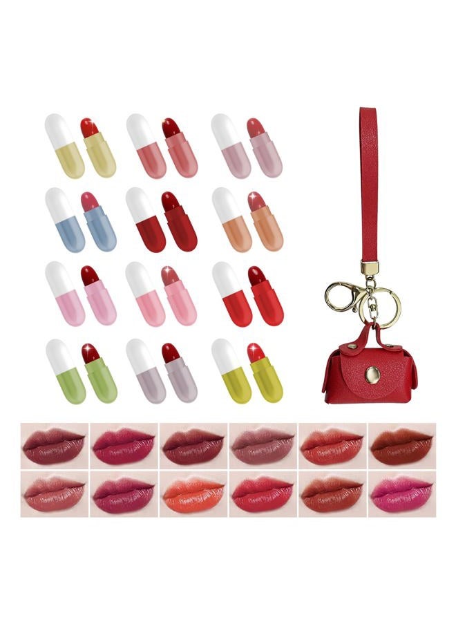 Primo Lines 12 Pill Lipstick with 1 Cute Mini Red Leather Bag Key-chain Pouch - Mini Lipstick Velvet Matte, Smooth and Moisturizing Pill Lipsticks, Long-Lasting, Portable and Charming Look All Day Long - Image 1