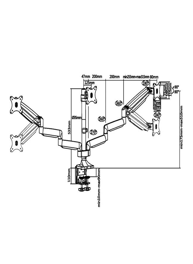 Skill Tech SH100 C036 Aluminum Triple Display Interactive LCD VESA Desk Mount for 13"-32" Screens, VESA 100x100, 27kg Load Capacity – Black - Image 2