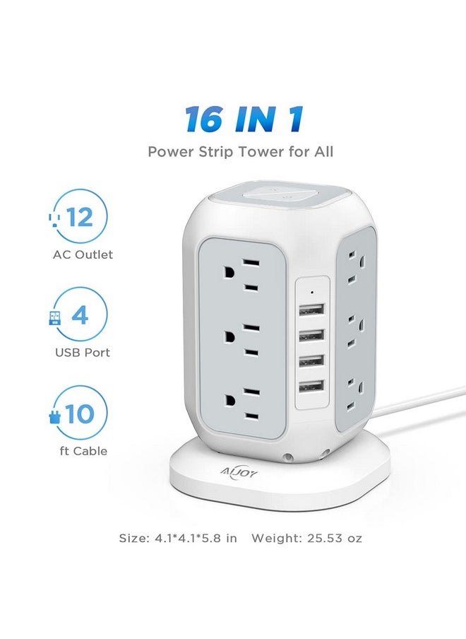AiJoy - Power Strip Tower with USB Ports-AiJoy Surge Protector with 12 AC Outlet and 4 USB Ports, 10 Feet Extension Cord, USB Charging Station with Overload Protection, Office Desk Supplies, Dorm Essentials - Image 1