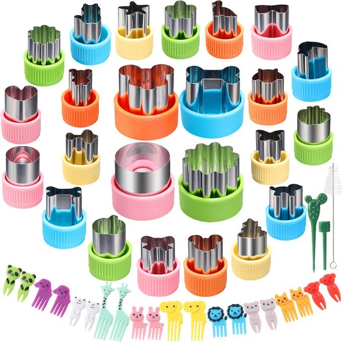 24 PCS VEGETABLE CUTTER SHAPES SETS COOKIE CUTTERS FRUIT STAMPS MOLD WITH 20 PCS FOOD PICKS AND FORKS FOR KIDS