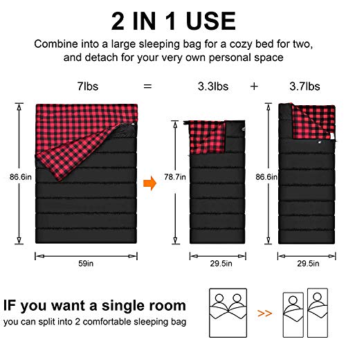 AGEMORE Cotton Flannel Double Sleeping Bag for Camping, Backpacking Or Hiking. Queen Size 2 Person Waterproof Sleeping Bag for Adults Or Teens. Lightweight with Compression Sack - Image 3