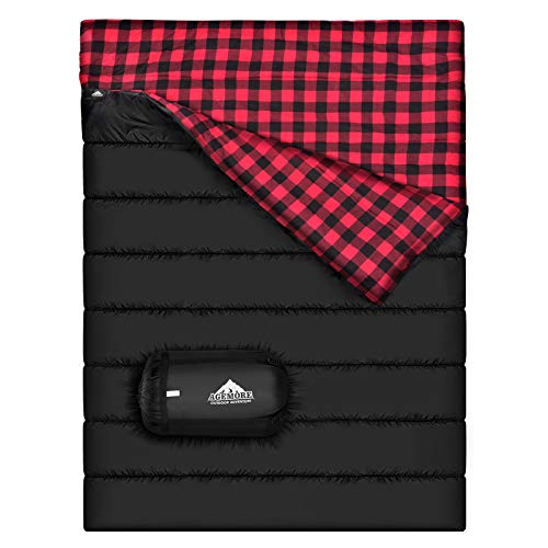 AGEMORE Cotton Flannel Double Sleeping Bag for Camping, Backpacking Or Hiking. Queen Size 2 Person Waterproof Sleeping Bag for Adults Or Teens. Lightweight with Compression Sack - Image 1