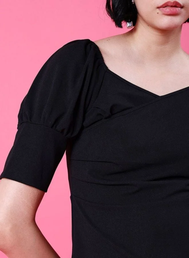 Freehand  Women Regular Fit Solid Sweetheart Neck Short Sleeve Fitted Wrap Top  | Best Price UAE