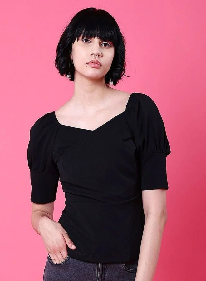 Freehand  Women Regular Fit Solid Sweetheart Neck Short Sleeve Fitted Wrap Top  | Best Price UAE