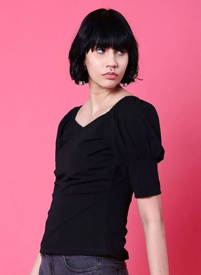 Women Regular Fit Solid Sweetheart Neck Short Sleeve Fitted Wrap Top