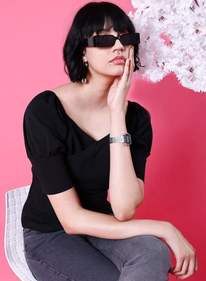 Freehand  Women Regular Fit Solid Sweetheart Neck Short Sleeve Fitted Wrap Top  | Best Price UAE