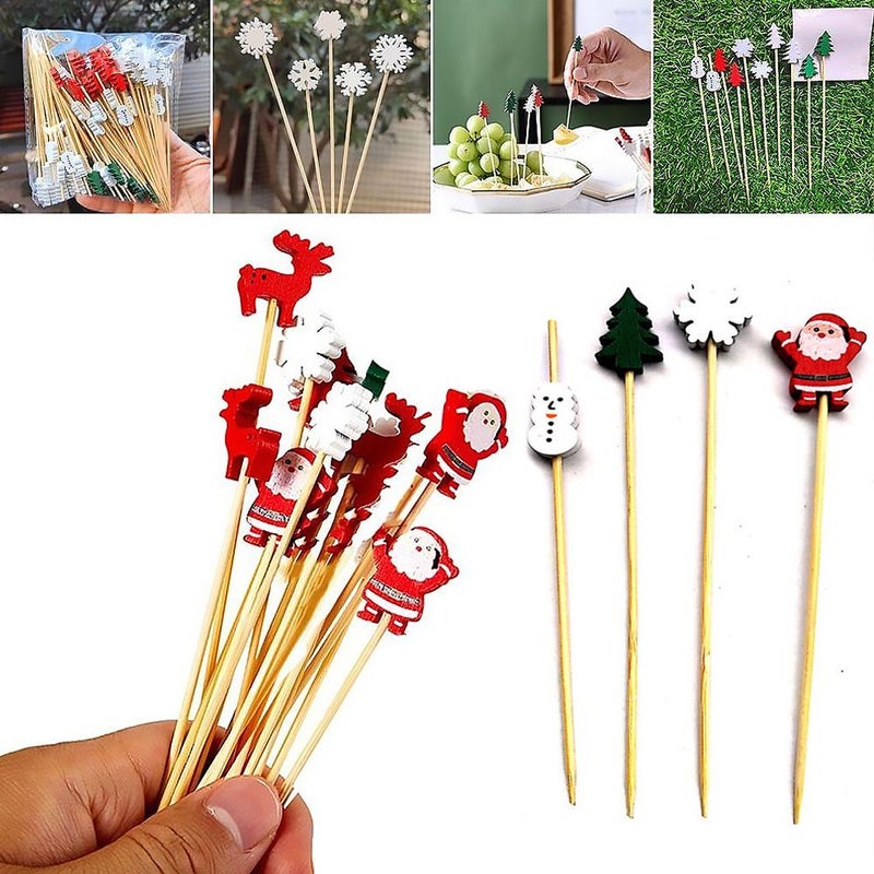 50pcs Christmas fruit sticks, disposable bamboo sticks, snowflakes, Christmas trees, reindeer, Santa Claus, snowmen - Image 2