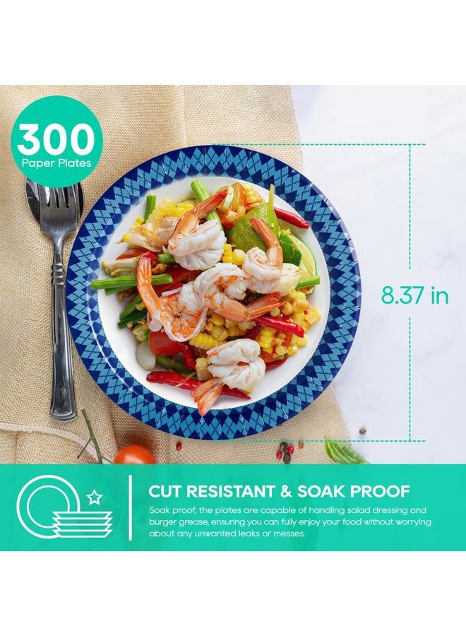 JOLLY PARTY 8.37 inch Disposable Paper Plates, 300 Count Dinner Paper Plates, Soak-Proof Disposable Plates, Cut-Proof Heavy Duty Paper Plates for Everyday Use, Navy Diamond Pattern Rim Design - Image 2