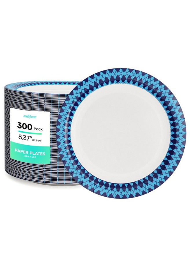 JOLLY PARTY 8.37 inch Disposable Paper Plates, 300 Count Dinner Paper Plates, Soak-Proof Disposable Plates, Cut-Proof Heavy Duty Paper Plates for Everyday Use, Navy Diamond Pattern Rim Design - Image 1