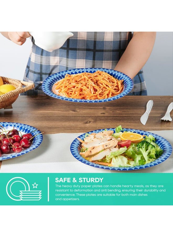 JOLLY PARTY 8.37 inch Disposable Paper Plates, 300 Count Dinner Paper Plates, Soak-Proof Disposable Plates, Cut-Proof Heavy Duty Paper Plates for Everyday Use, Navy Diamond Pattern Rim Design - Image 3