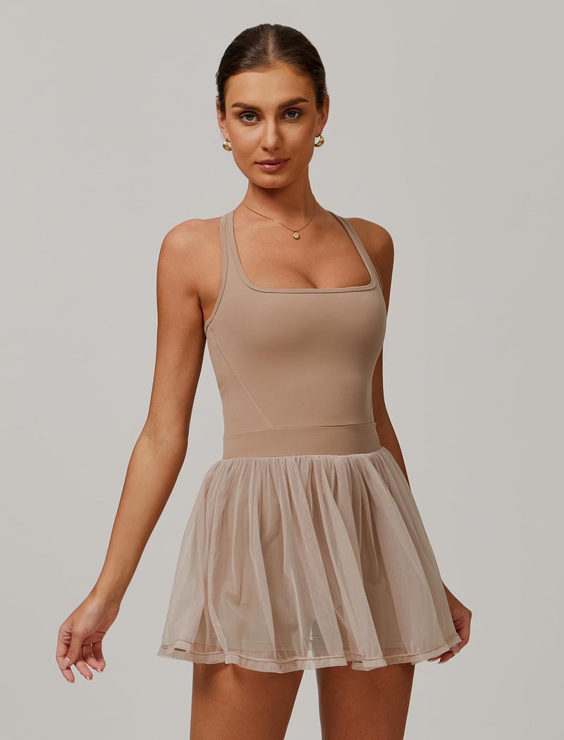 ABOCIW Womens Square Neck Tennis Dress Racerback Mesh Hem Sleeveless Golf Athletic Dress Built in Shorts and Bra Khaki Medium - Image 5