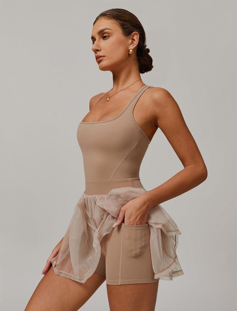 ABOCIW Womens Square Neck Tennis Dress Racerback Mesh Hem Sleeveless Golf Athletic Dress Built in Shorts and Bra Khaki Medium - Image 3